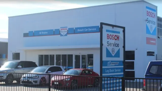 Street view of a car service workshop with the Bosch Car Service Alfredton signage prominently displayed.