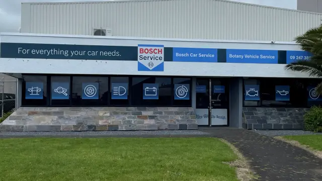 Street view of the Bosch Mechanics workshop with visible branding and service information, located in East Tamaki