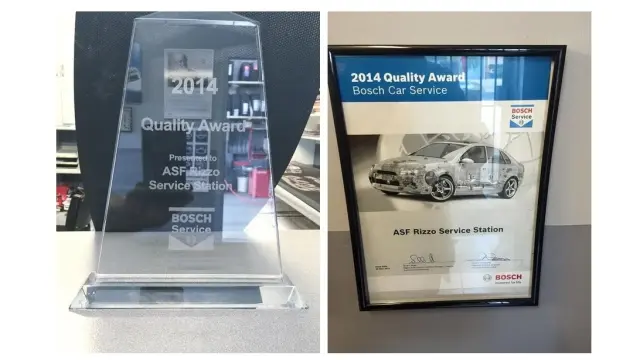 ASF Rizzo Service Station's display of the prestigious 2014 Bosch Car Service Quality Award, highlighting their excellence in automotive service and customer care.
