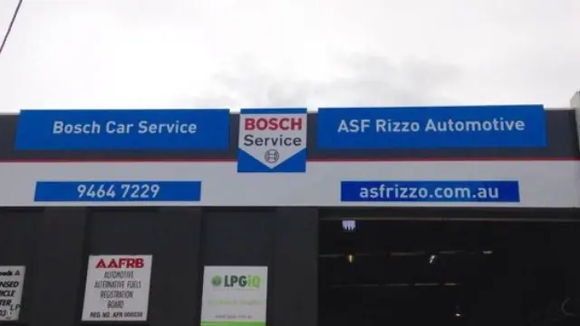 The welcoming front of ASF Rizzo Service Station, featuring the recognizable Bosch Car Service logo, symbolizing top-quality automotive care and car service.